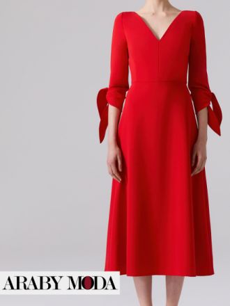 Carolina Herrera Red Midi Dress with Tie Sleeves - Luxurious Winter Elegance