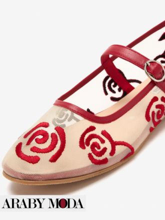 Thuna Scarlet Rose Embroidered Ballerinas with mesh fabric