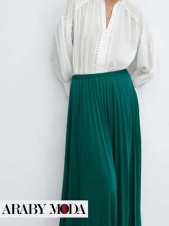 Mango long pleated skirt matched with white shirt