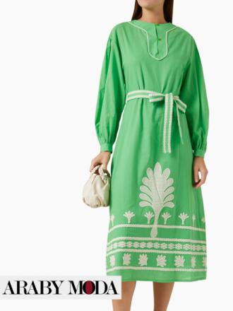 Green Serpil embroidered midi dress for casual style on National Day