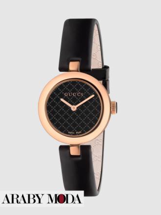 Gucci Diamantissima Watch with Black Leather Strap and Gold Dial