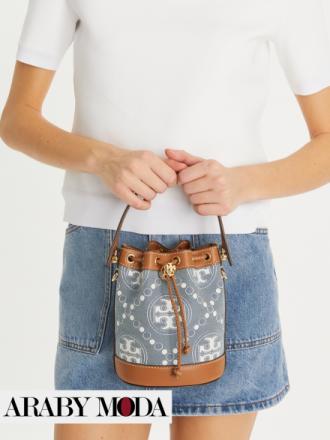 Tory Burch jeans bucket bag with denim blouse and skirt