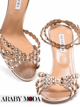 Aquazzura heeled sandals decorated with many silver and gold crystals