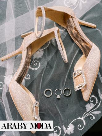 Golden wedding heels embellished with small and large crystals