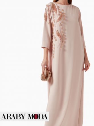 Ramadan Caftan Decorated with Beads in Soft Pink