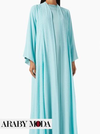 Blue silk and chiffon abaya embroidered with beads