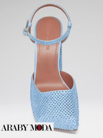 Amina Muaddi Charlotte Frosty blue satin sandals decorated with crystals