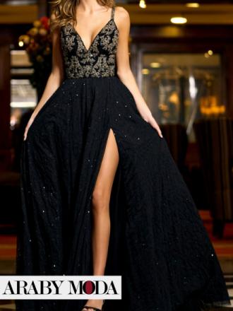 Black Evening Dress Embroidered with Gold Beads with Sequin Tulle Skirt