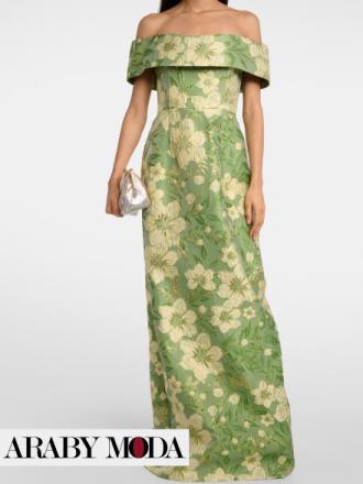 Embroidered olive off-the-shoulder evening dress