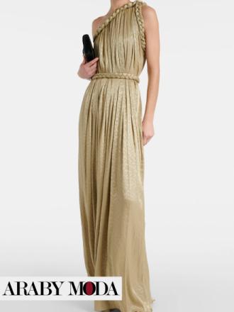 Isilda one-shoulder evening dress in olive green like Greek princesses