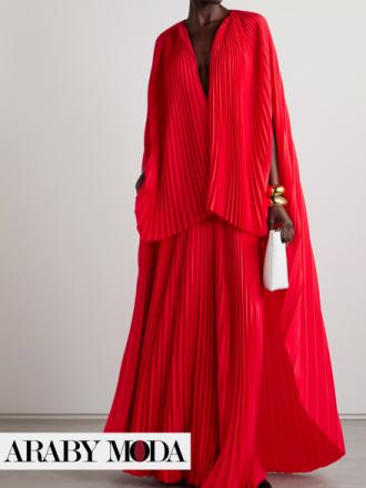 Red Silk Pleated Abaya Evening Dress