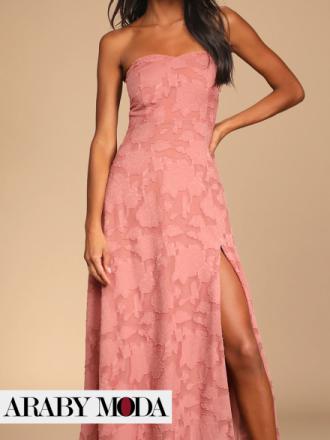 The garden of romance with a dusty pink maxi evening dress with floral embroidery