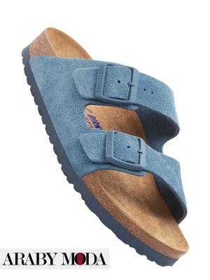 Birkenstock Arizona blue suede slippers