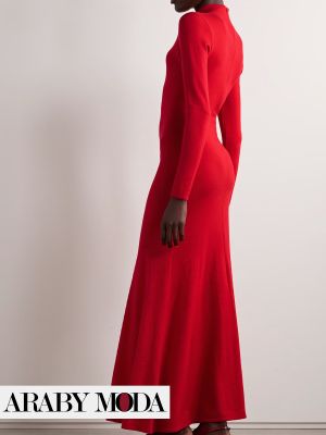 CH Red Maxi Knitted Dress with Round Neck for Winter Looks