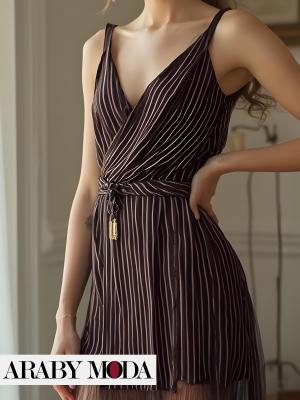Striped evening dress in dark color for luxurious elegance