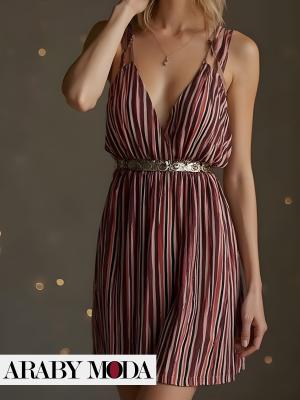 Striped evening dress in soft colors and trendy style