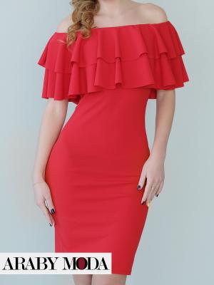 Plain red evening dress for short women decorated with ruffles on the chest