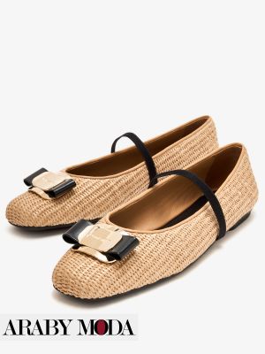 Ferragamo Vara Plate Ballet Shoes made from raffia fabrics