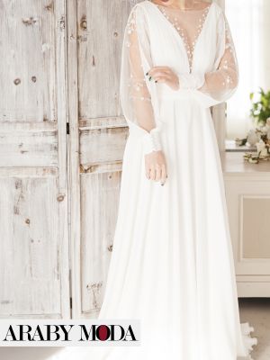 A very soft and simple white wedding dress