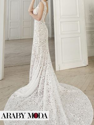 White lace wedding dress with floral embroidery