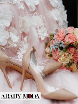 Elegant beige wedding heels with pink wedding dress