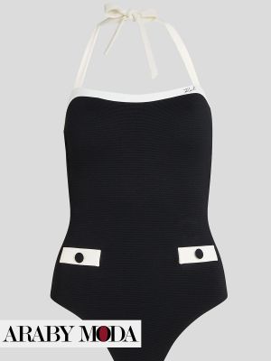 Karl Lagerfeld's black swimsuit with the brand's signature white print
