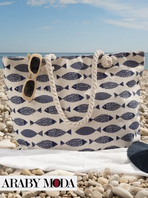 Blue fish-print canvas beach bag