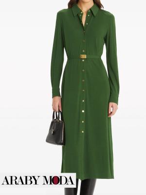 Dark Green Tory Burch Shirt with Belt Dress