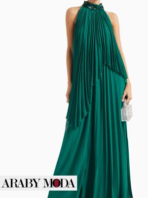 Nihan Peker Bamboo Long Chiffon Pleated Dress - Front Side View