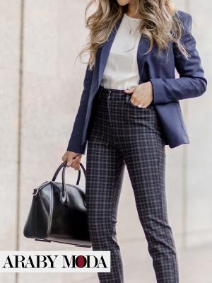 Dark blue blazer with checked trousers and bag, lively work outfit