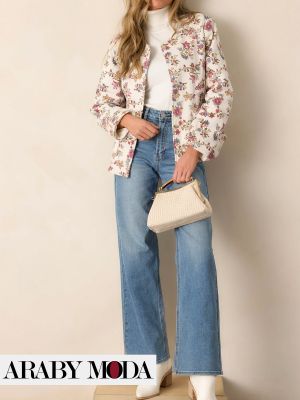 Ivory floral-printed blazer with wide-leg jeans and boots