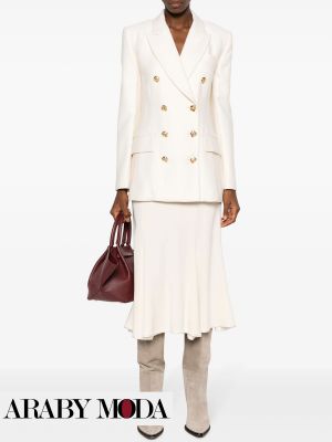 White blazer decorated with gold buttons with skirt & suede boots