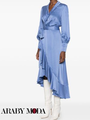 Zimmermann Blue Silk Midi Wrap Dress with White Heel Boots for Winter Style