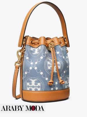 Tory Burch denim bucket bag with monogram pattern