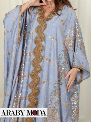 Embroidered Kaftan with Sequence and Gold Lace - Front View