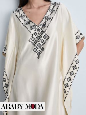 Mango Satin Kaftan Embroidered with Elegance for Ramadan Outfit