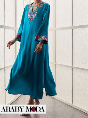 Ramadan Silk Kaftan Softly Embroidered in Sky Blue