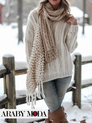 Neutral and simple winter casual outfit based on jeans and a knitted sweater