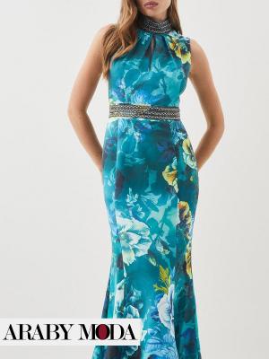 Karen Millen blue midi dress with palm print