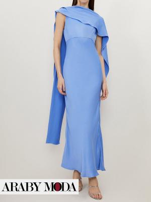 Karen Millen sky blue long pleated satin dress