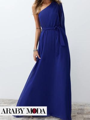 Trendyol long blue chiffon evening dress with one sleeve