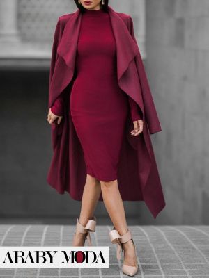 Midi dress with burgundy coat is a soft and strong feminine image