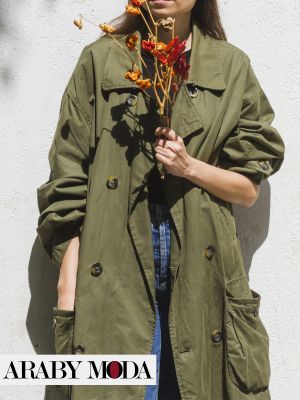 Long olive green jacket in a bohemian style