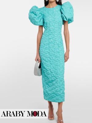 Blue jacquard midi evening dress with puffy sleeves