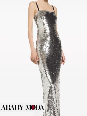 Dolce & Gabbana maxi dress decorated with sequins in a shiny silver color