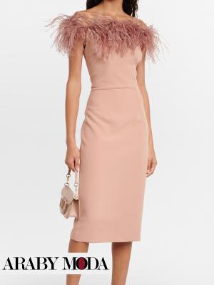 Dusty pink midi evening dress decorated with feathers