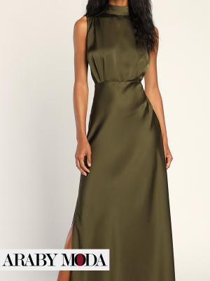 Elegant classic olive maxi dress in satin without sleeves