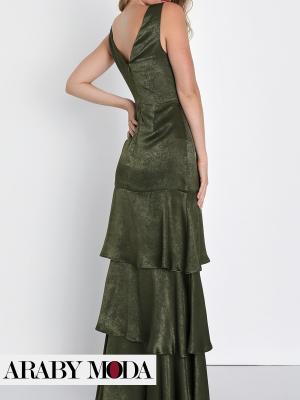 Elegant olive green maxi dress in layers