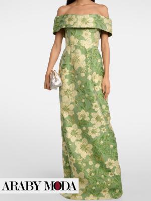 Embroidered olive off-the-shoulder evening dress