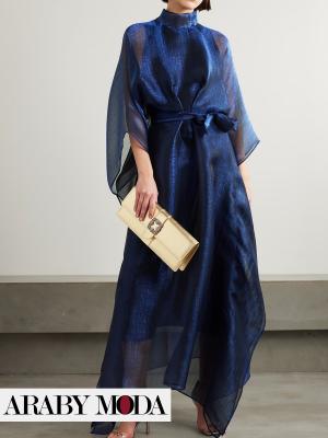 Metallic organza evening dress with belt and round collar